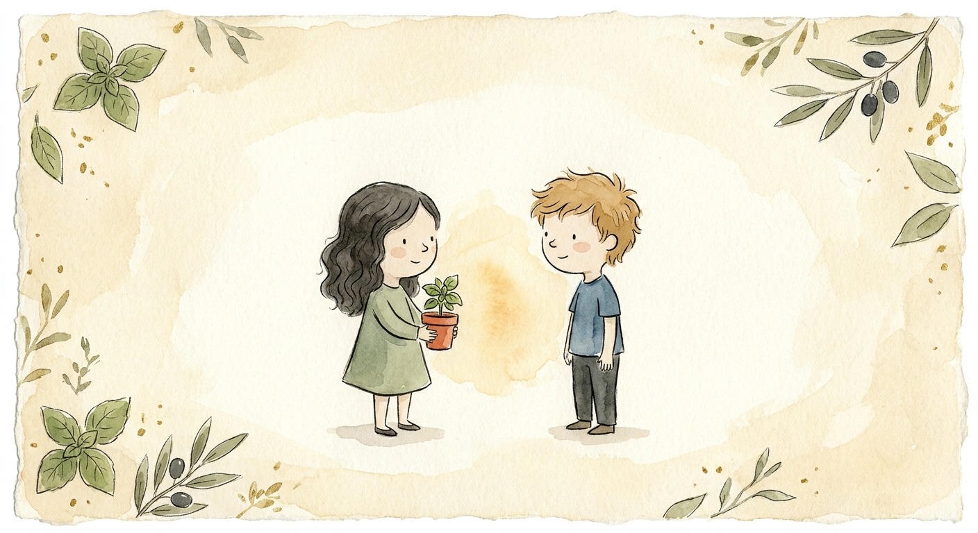 Watercolor illustration of Iris and Sam — the parents from the sample book — in soft picture-book style