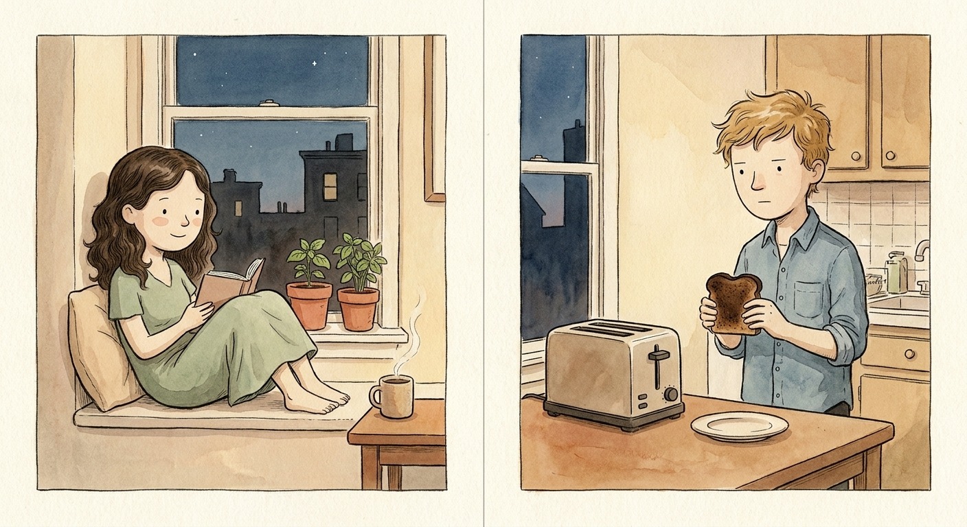 Two-panel watercolor of Iris reading by a window and Sam at his toaster — two parallel lives.
