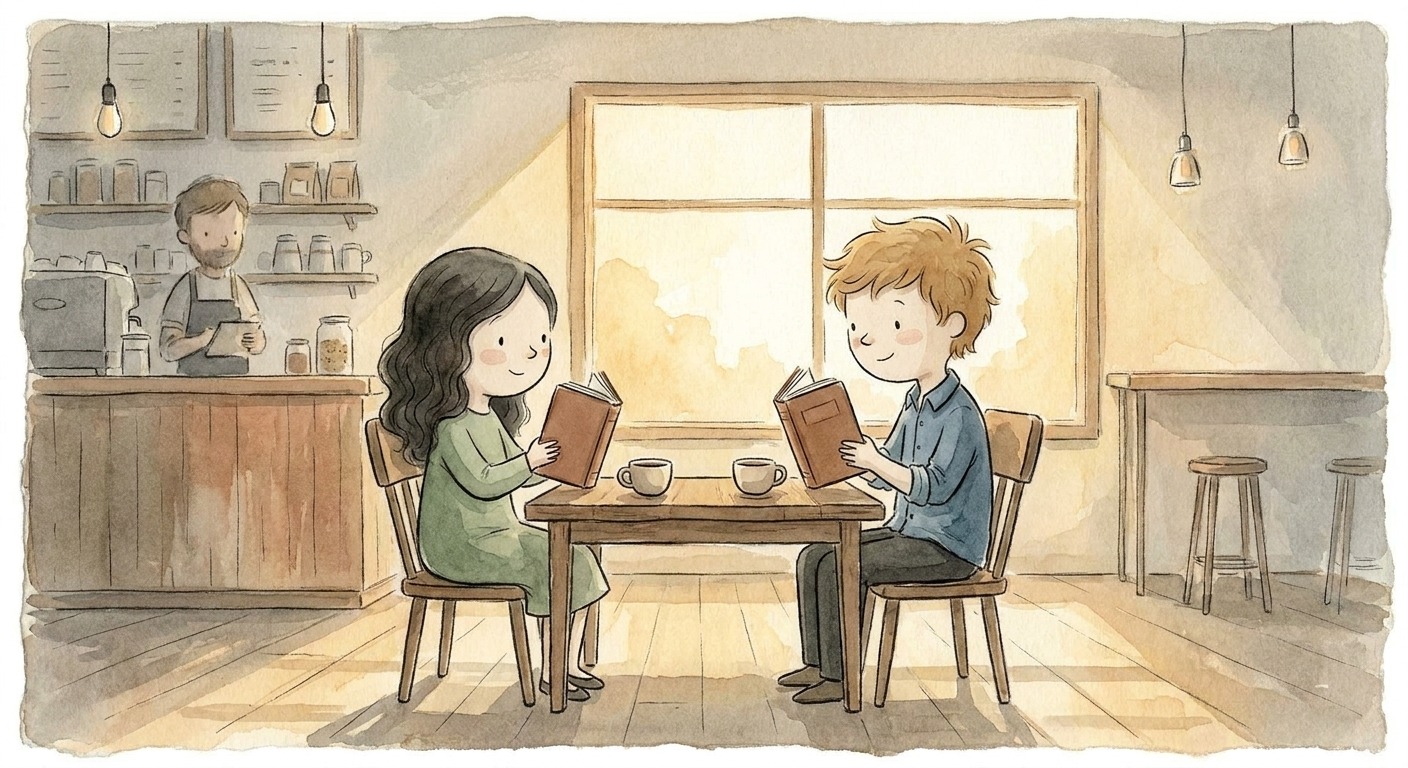 Iris and Sam in a cozy coffee shop, both holding the exact same brown hardcover book.