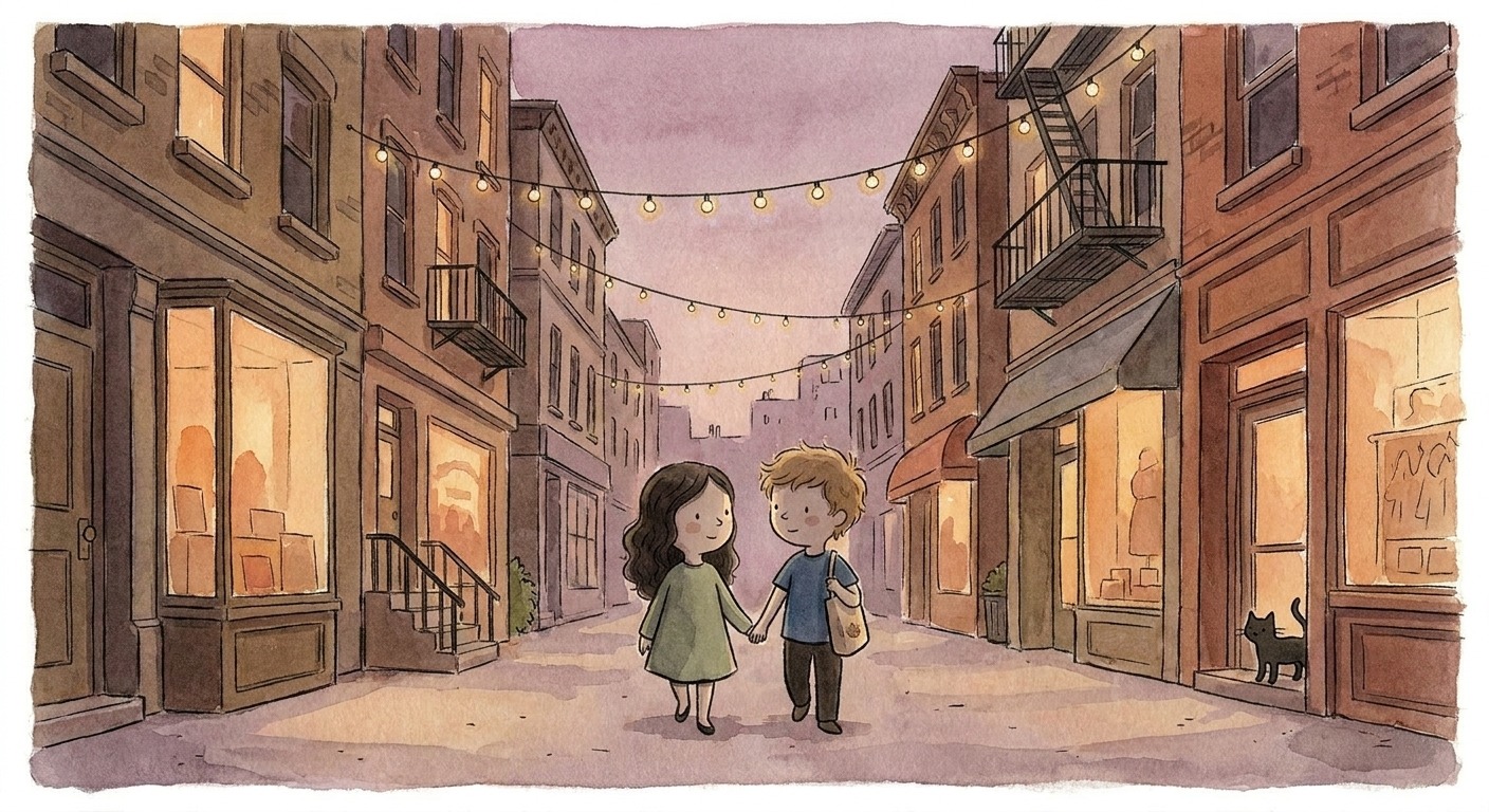 Iris and Sam walking down a dusk-lit city street under warm string lights.