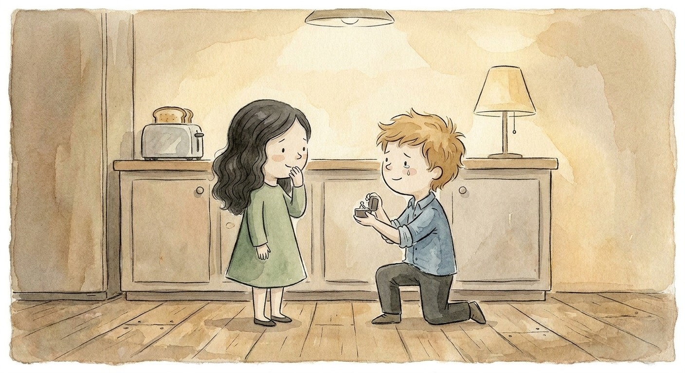 Sam on one knee in their small kitchen on a Tuesday evening.