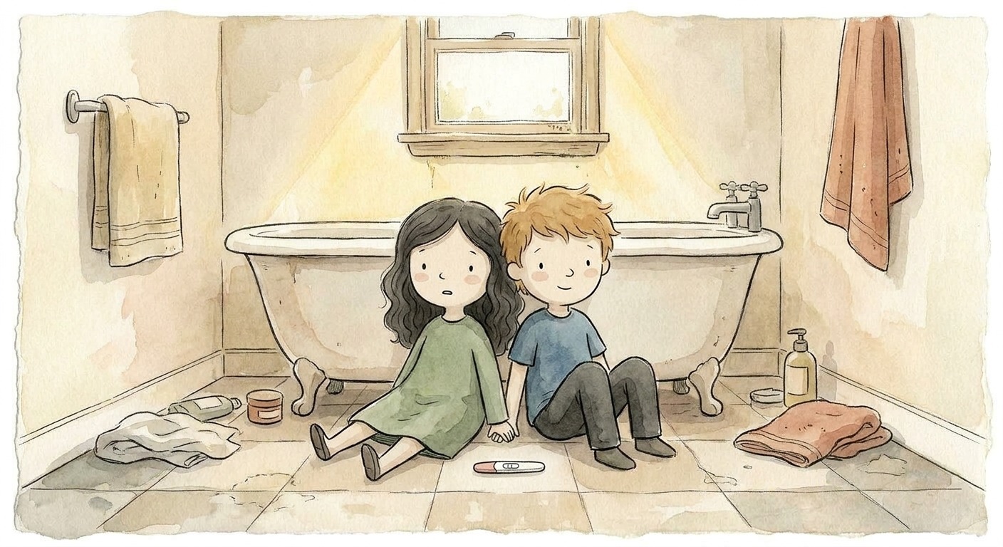 Iris and Sam sitting on the bathroom floor together, a pregnancy test between them.
