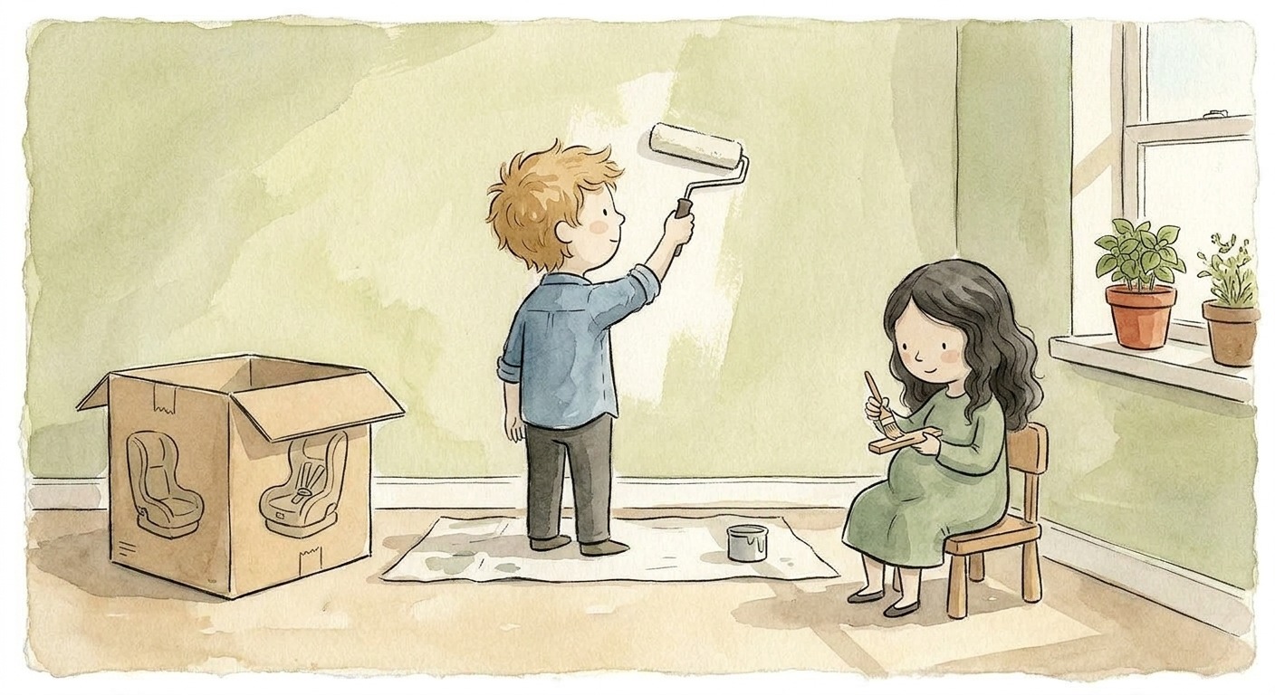 Sam painting the nursery while Iris, visibly pregnant, paints a small detail.